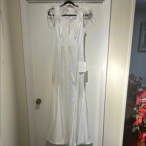 Mac Duggal White Feather-Trim Maxi Dress